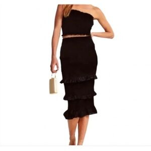 A&F Black Smocked High Waist Midi Tiered Body con Stretch Ruffle Skirt Size XXS